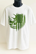 White short sleeve graphic t-shirt with bold green abstract design, modern unisex streetwear tee for casual everyday wear by LB AND SK DESIGN SHOP