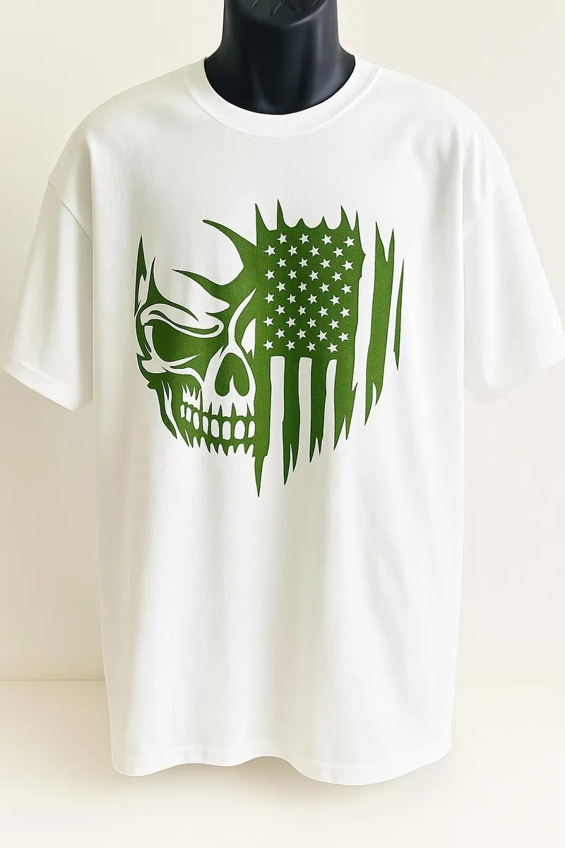White short sleeve graphic t-shirt with bold green abstract design, modern unisex streetwear tee for casual everyday wear by LB AND SK DESIGN SHOP