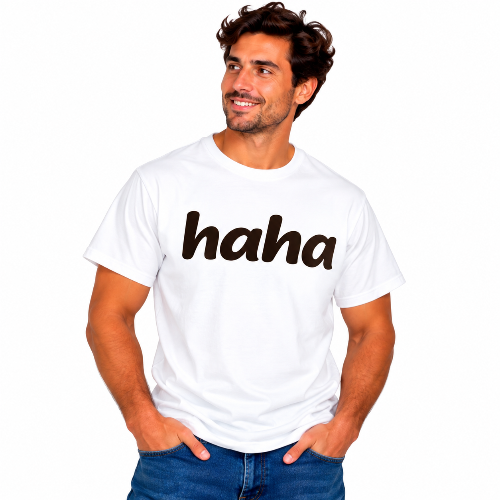 Man wearing a white Haha graphic T-shirt with large dark lettering on the front.