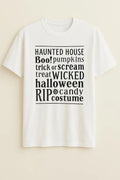 White Halloween graphic short sleeve t-shirt with spooky word art design, soft casual unisex tee for fall season and Halloween outfits by LB AND SK DESIGN SHOP