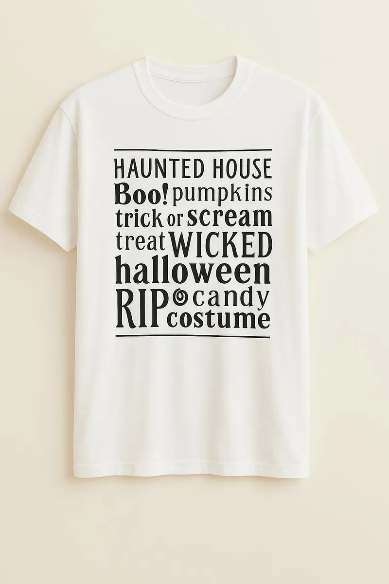 White Halloween graphic short sleeve t-shirt with spooky word art design, soft casual unisex tee for fall season and Halloween outfits by LB AND SK DESIGN SHOP