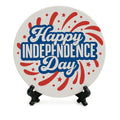 Round Happy Independence Day patriotic coaster with red white and blue fireworks design, festive 4th of July table décor for summer parties, patriotic home decoration, holiday drink coaster, American celebration accessory, USA themed coffee table décor, Independence Day party decoration, patriotic farmhouse coaster gift, decorative tabletop accent for BBQ gatherings, Memorial Day and Fourth of July celebrations.