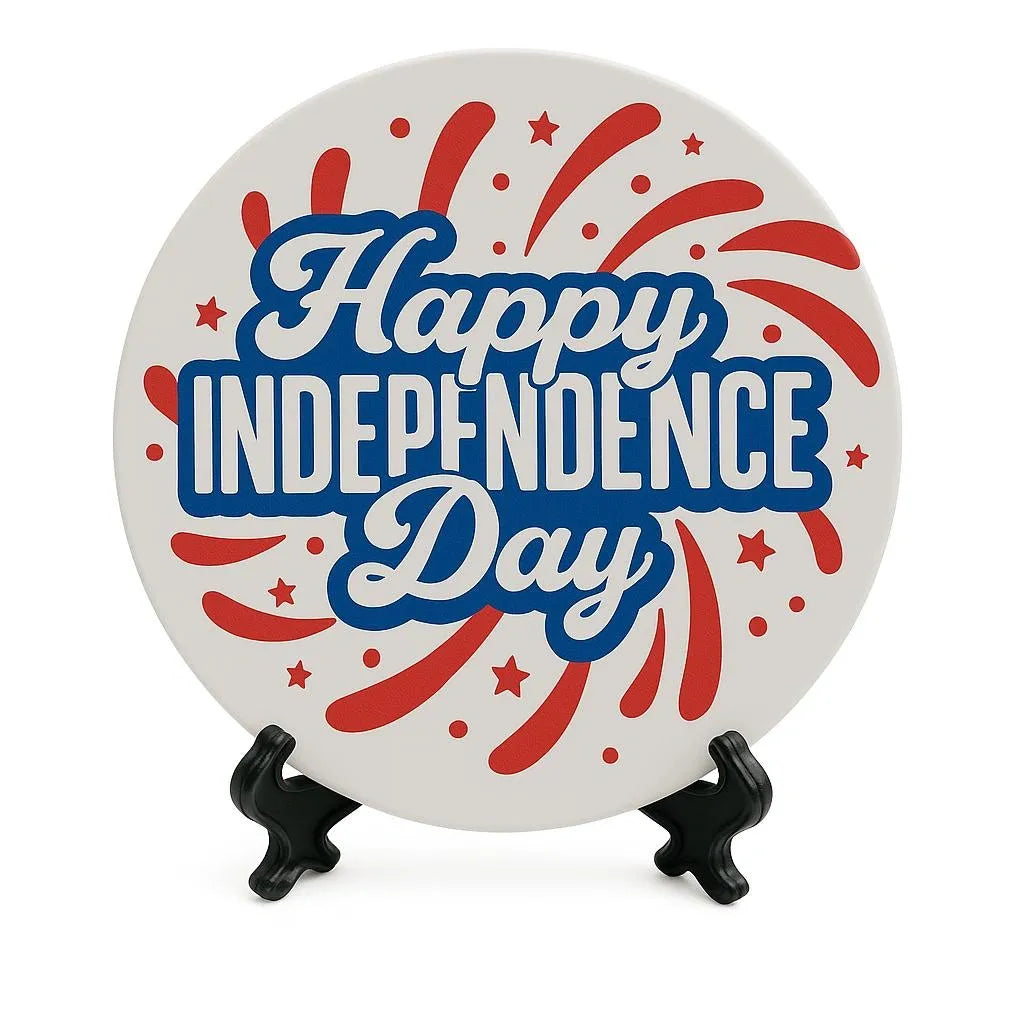 Round Happy Independence Day patriotic coaster with red white and blue fireworks design, festive 4th of July table décor for summer parties, patriotic home decoration, holiday drink coaster, American celebration accessory, USA themed coffee table décor, Independence Day party decoration, patriotic farmhouse coaster gift, decorative tabletop accent for BBQ gatherings, Memorial Day and Fourth of July celebrations.