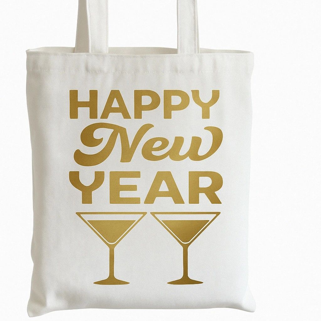White reusable Happy New Year tote bag with gold lettering and champagne glass design. Festive lightweight tote perfect for New Year’s Eve parties, holiday shopping, celebrations, gift bags, events, and everyday seasonal use.