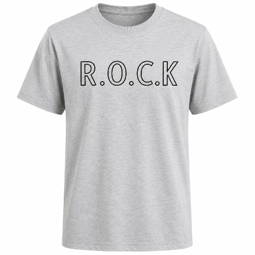 Heather gray R.O.C.K graphic T-shirt featuring black outlined lettering, displayed on a clean white background.