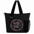 Black Hello Fall tote bag with purple fall words, zipper, long straps, front pocket, and side mesh pocket