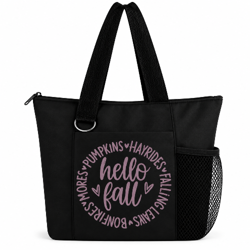 Black Hello Fall tote bag with purple fall words, zipper, long straps, front pocket, and side mesh pocket