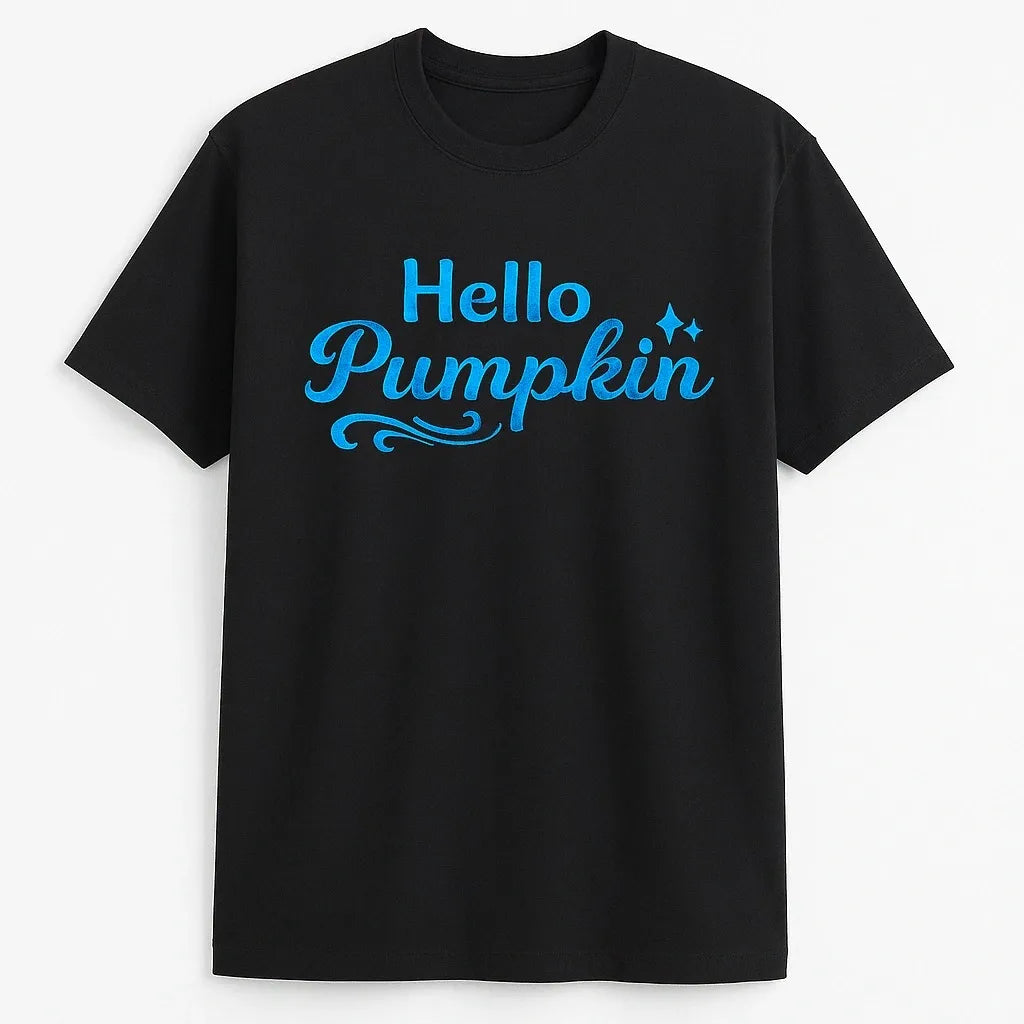 Black graphic T-shirt with bright blue “Hello Pumpkin” text design displayed on a plain background