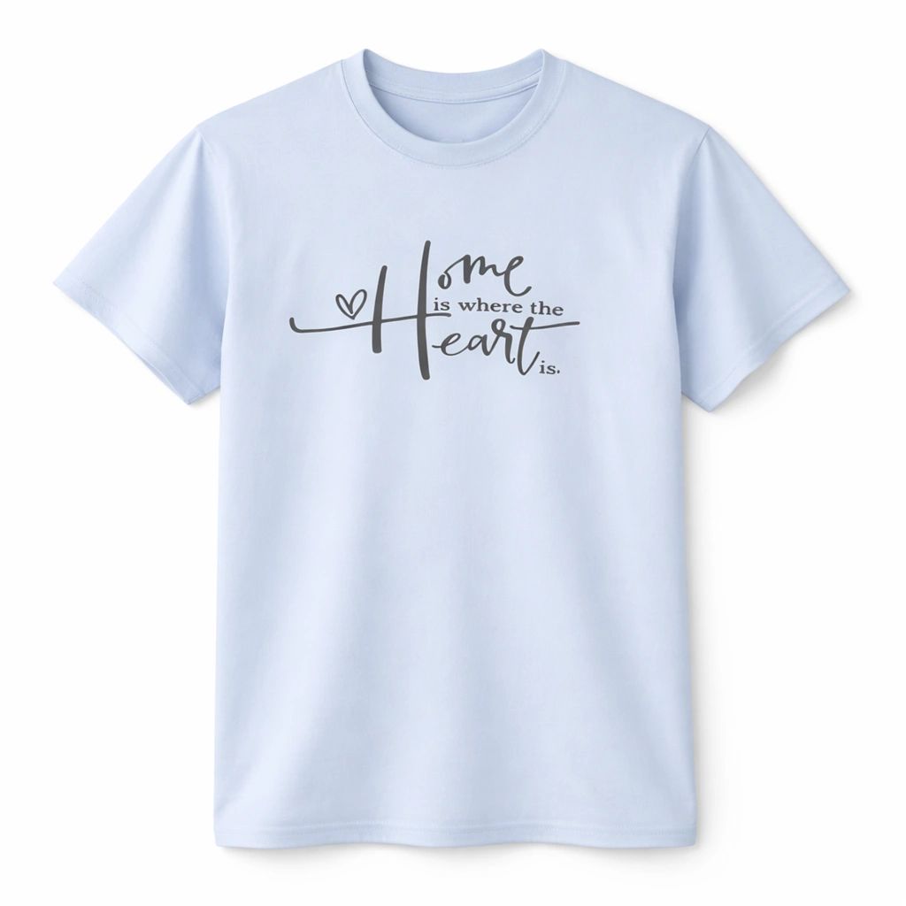 Light blue unisex graphic T shirt featuring the phrase Home Is Where the Heart Is in elegant script with a minimalist home and love inspired design.