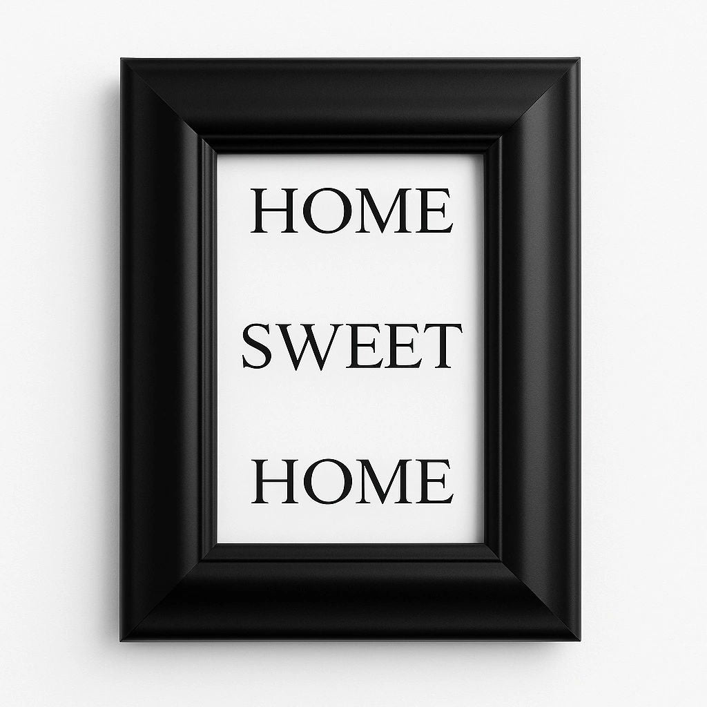 Minimalist Home Sweet Home framed wall art featuring elegant black typography in a modern black frame for living room, entryway, bedroom, and home décor.