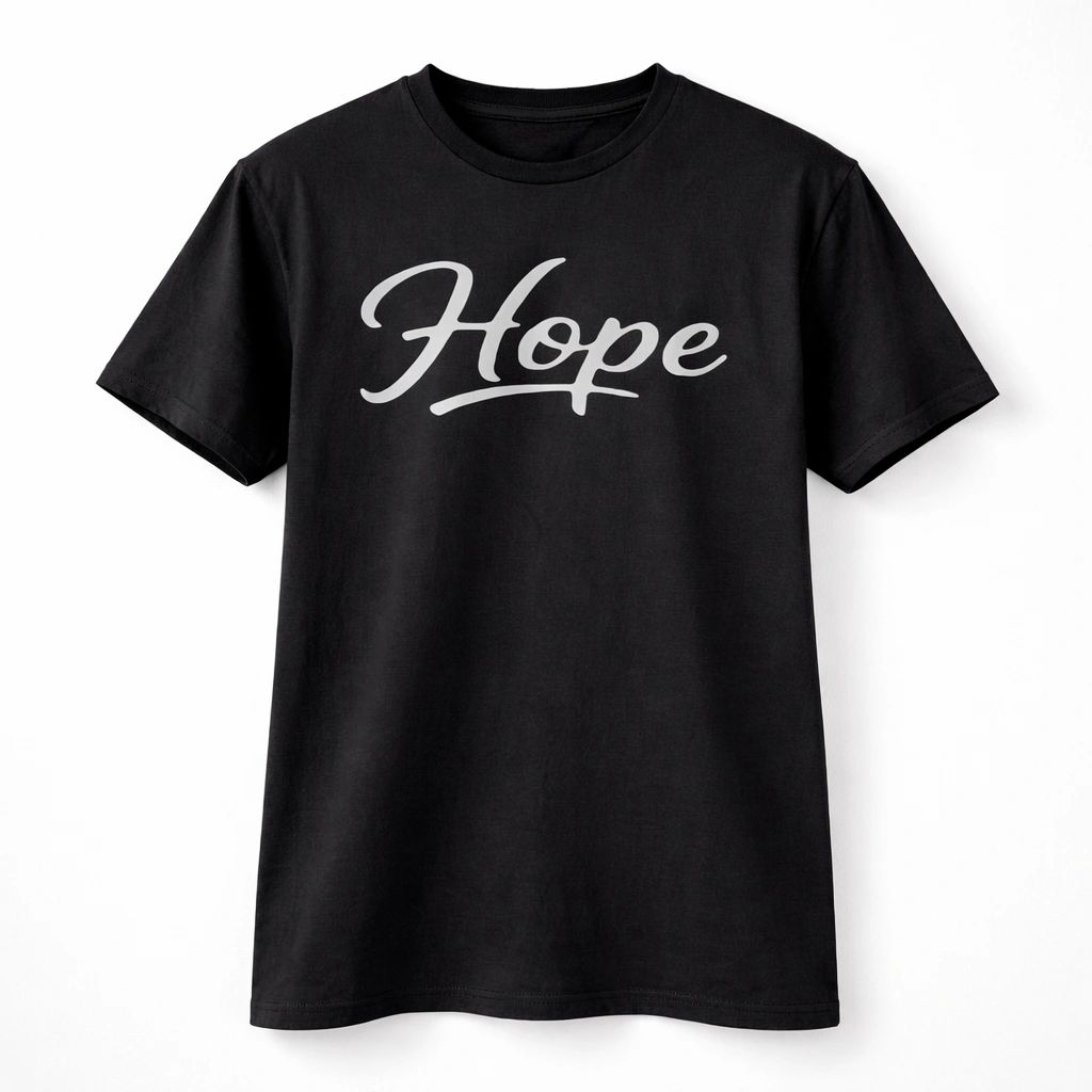 Black unisex graphic T shirt featuring the word Hope in elegant white script lettering with a clean minimalist inspirational design.