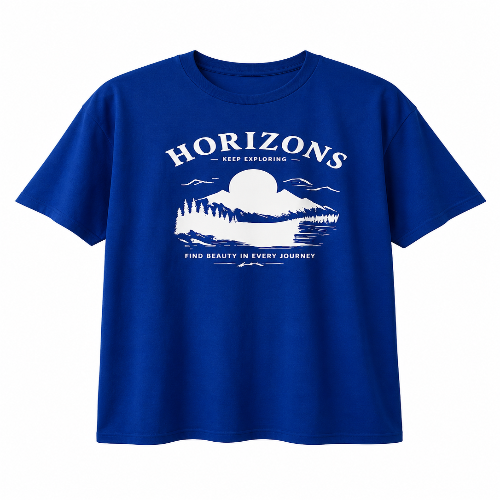 Blue t-shirt with mountain graphic and 'Horizons' text on a white background
