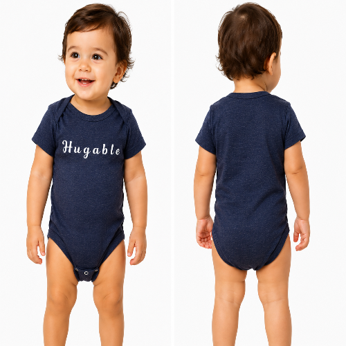 A baby shown from the front and back wearing a navy blue short-sleeve bodysuit with the word 'Hugable' printed in white script across the chest, on a clean white background.