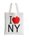 White canvas I Love NY tote bag featuring classic New York inspired graphic with red apple accent. Lightweight reusable shopping tote with minimalist city design, casual everyday style, and practical carry-all use for travel or errands.