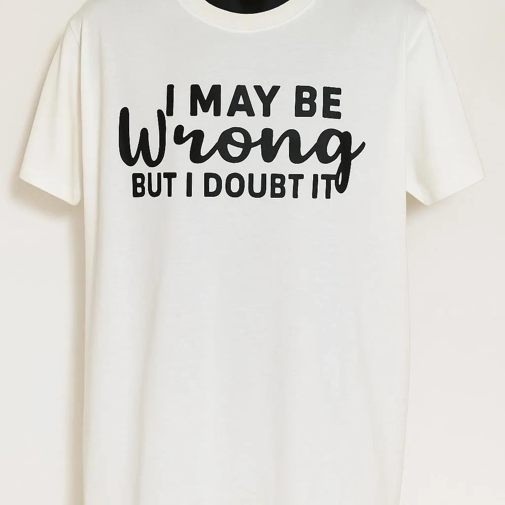 White graphic t-shirt featuring the humorous quote "I May Be Wrong But I Doubt It" in stylish black typography, funny unisex statement tee for casual everyday wear.