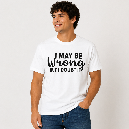 Male model wearing a white “I May Be Wrong but I Doubt It” graphic T-shirt with bold black lettering, styled casually with blue jeans.