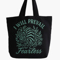 Black cotton tote bag with teal I Will Prevail Fearless lion graphic design, reusable motivational shoulder tote for shopping, work, school, travel, everyday carry, and inspirational lifestyle fashion