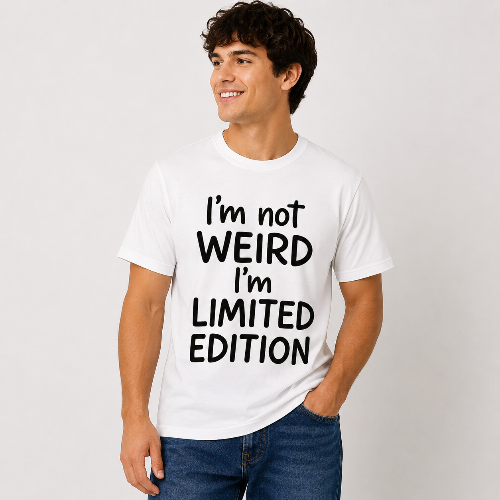 Male model wearing a white “I’m Not Weird, I’m Limited Edition” graphic T-shirt with bold black lettering and blue jeans.
