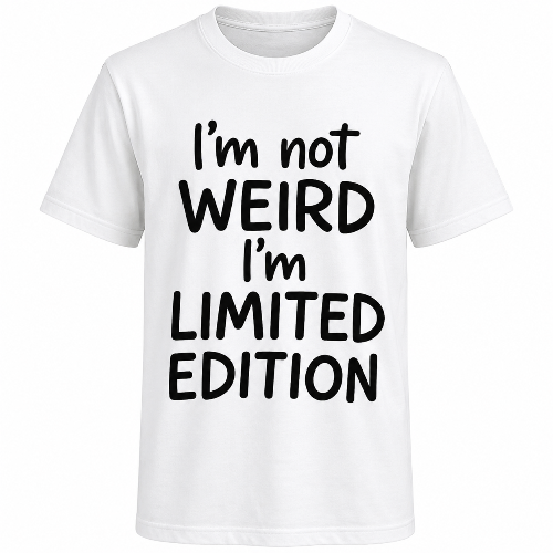 White graphic T-shirt featuring bold black “I’m Not Weird, I’m Limited Edition” typography on a clean white background.