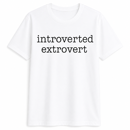 A white short-sleeve crewneck t-shirt with the words 'introverted extrovert' printed in black lowercase serif font across the chest, shown against a plain white background.