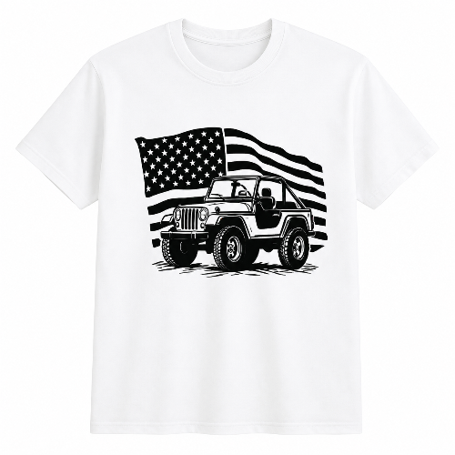 A white short-sleeve crewneck t-shirt featuring a black graphic print of a classic Jeep truck in front of a waving American flag.