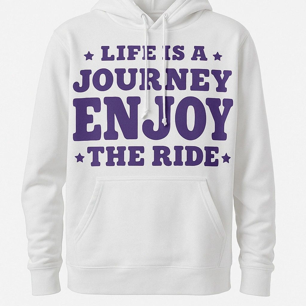 White unisex hoodie featuring the motivational quote "Life Is a Journey Enjoy the Ride" in bold purple typography on the front.