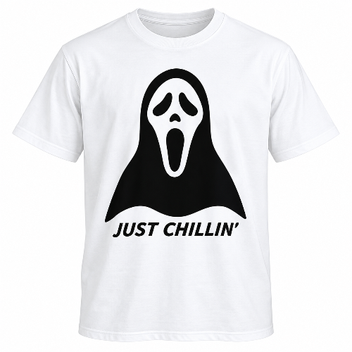 White Just Chillin ghost graphic T-shirt with a large black ghost design and black lettering.