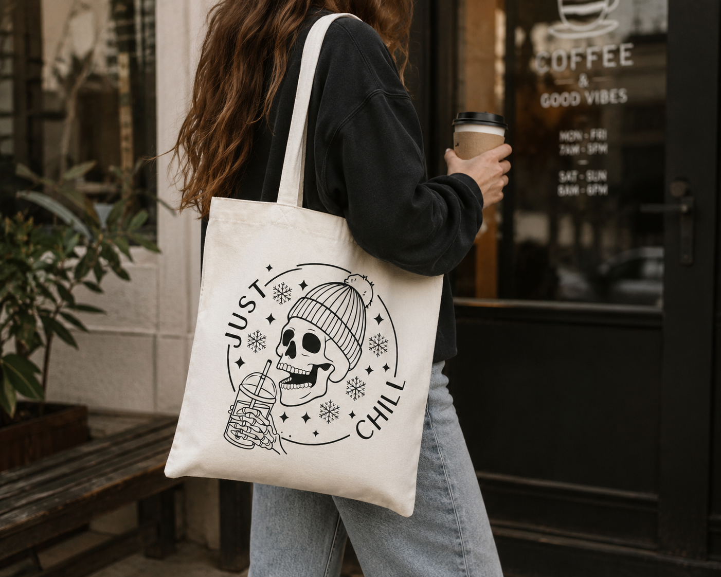Just Chill Skeleton Tote Bag Reusable Spooky Canvas Carryall