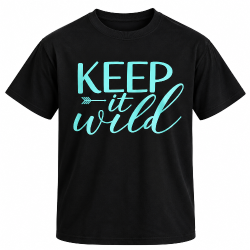 Black Keep It Wild graphic T-shirt with aqua teal lettering and small arrow design.