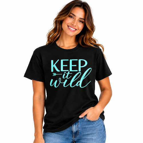 Woman wearing a black Keep It Wild graphic T-shirt with aqua teal lettering.