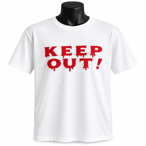 White graphic T-shirt with bold red KEEP OUT text on the front