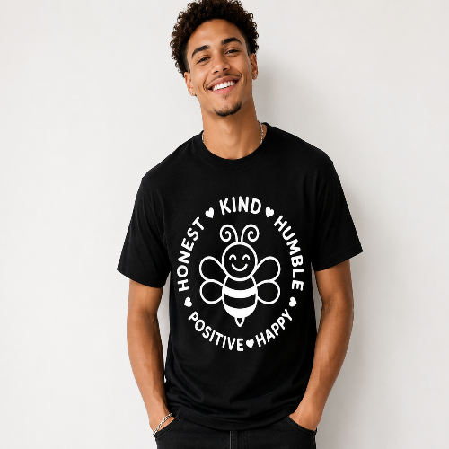 A smiling man wearing a black crewneck t-shirt with a white graphic of a cartoon bee and the words 'HONEST KIND HUMBLE POSITIVE HAPPY' printed on the front, set against a plain light gray background.
