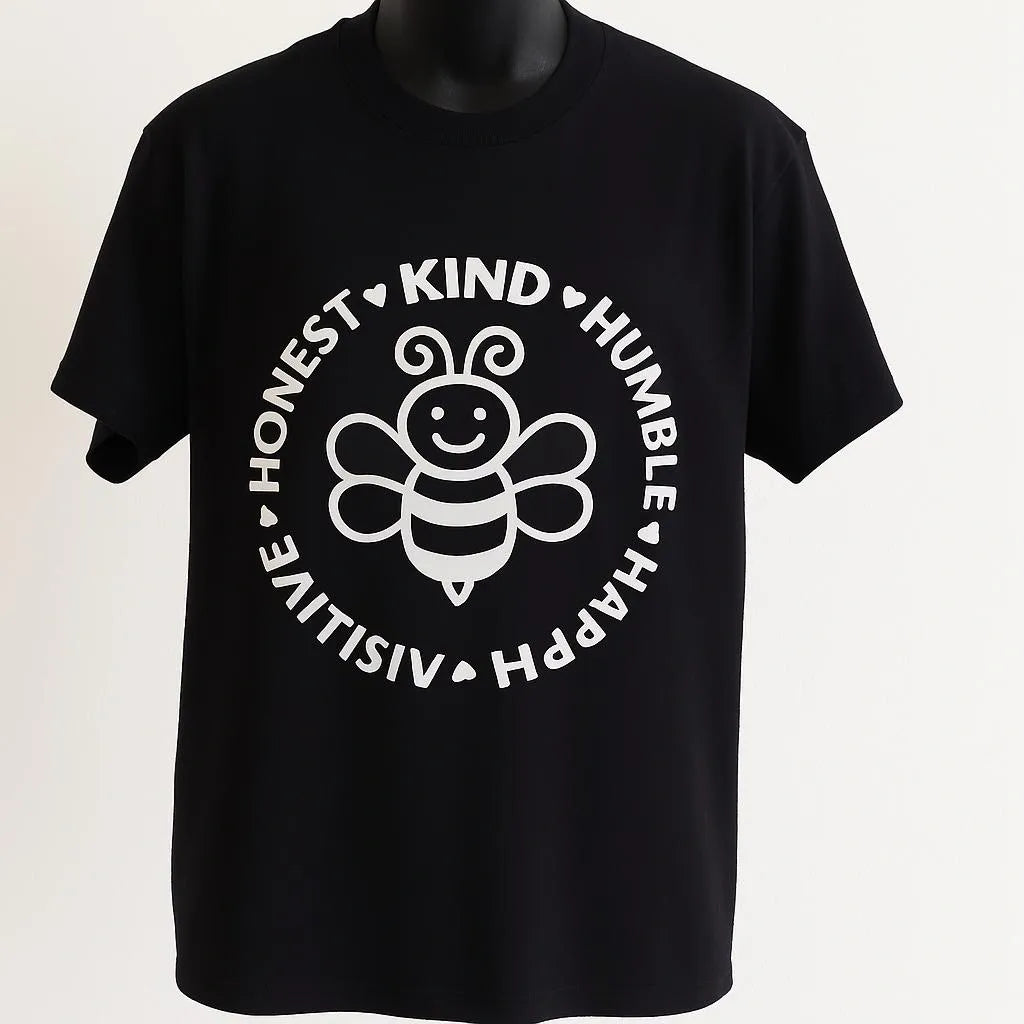 Black graphic t-shirt featuring a white bee illustration surrounded by positive words including kind, honest, humble, happy, resilient, and positive. Inspirational unisex tee promoting kindness, encouragement, positivity, mindfulness, and everyday motivation.