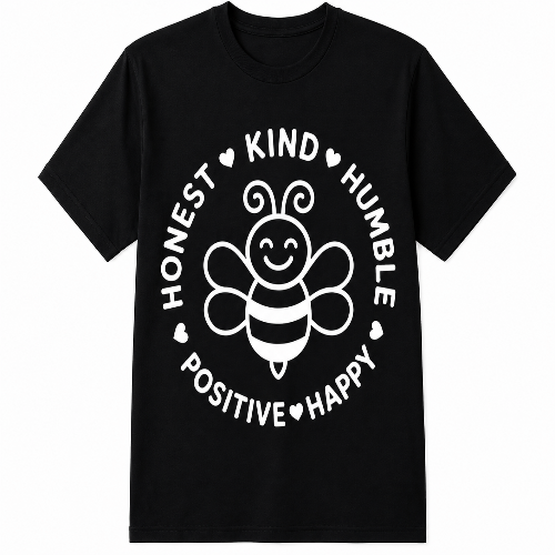 A black short-sleeve crewneck t-shirt featuring a white graphic of a smiling cartoon bee in the center, surrounded by the words 'HONEST KIND HUMBLE POSITIVE HAPPY' with small heart icons.