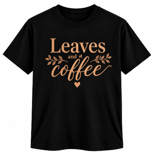 Black Leaves and Coffee graphic T-shirt with warm brown lettering, leaf branches, and heart design