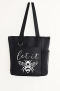 Black tote bag featuring the phrase "Let It Bee" with a detailed bee illustration. Inspirational reusable tote bag perfect for shopping, work, school, travel, books, groceries, and everyday essentials. Lightweight and durable shoulder bag designed to promote calmness, positivity, mindfulness, and appreciation for nature.