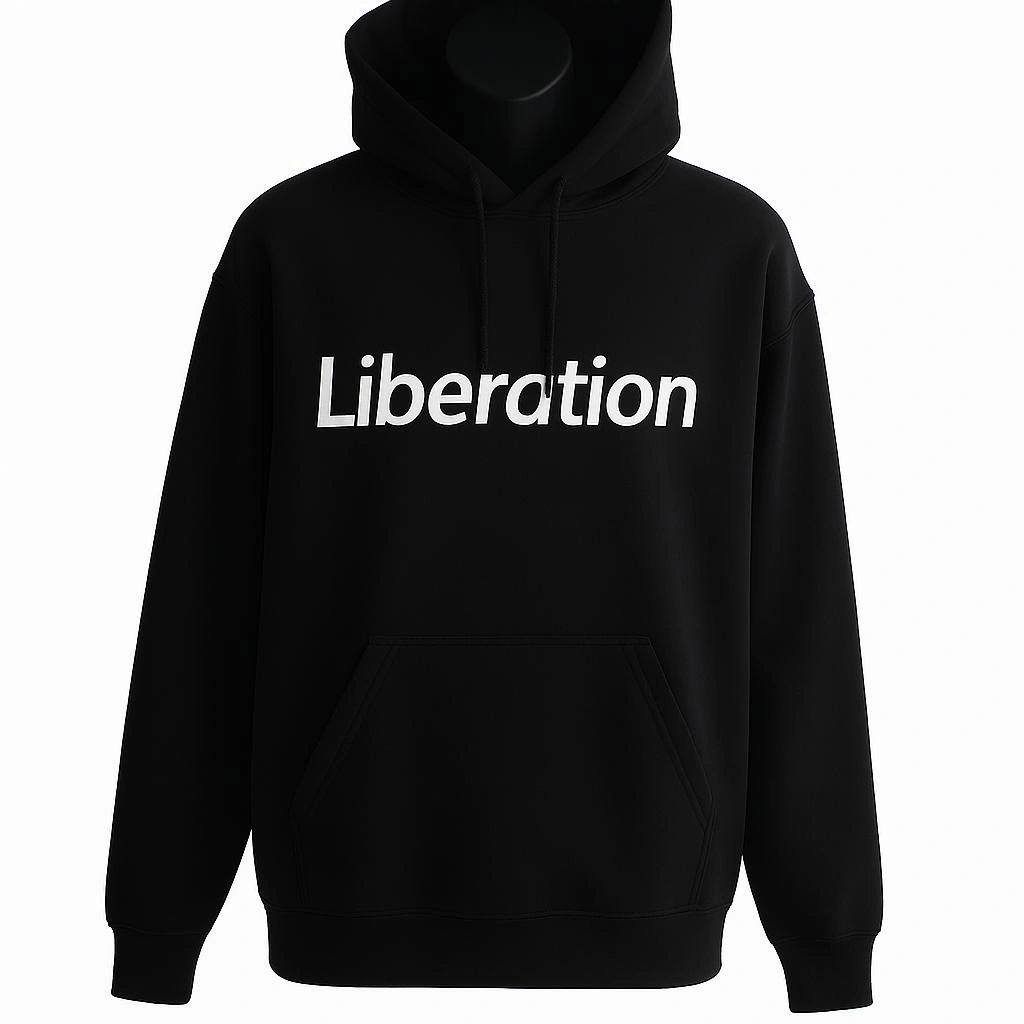 Black unisex hoodie featuring a clean white Liberation typography graphic across the chest in a minimalist streetwear design.