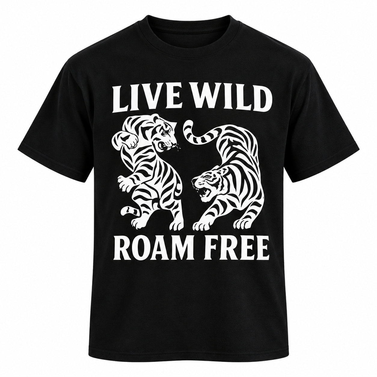 A black short-sleeve crewneck t-shirt featuring a white graphic print of two roaring tigers and the text 'LIVE WILD ROAM FREE' on the front, shown against a plain white background.