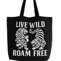 Black cotton tote bag with Live Wild Roam Free typography and tiger graphic design, reusable shoulder tote for travel, shopping, outdoor adventures, wildlife lovers, everyday carry, and nature inspired fashion