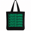 Black cotton tote bag with Louisiana repeated five times in bold green lettering.