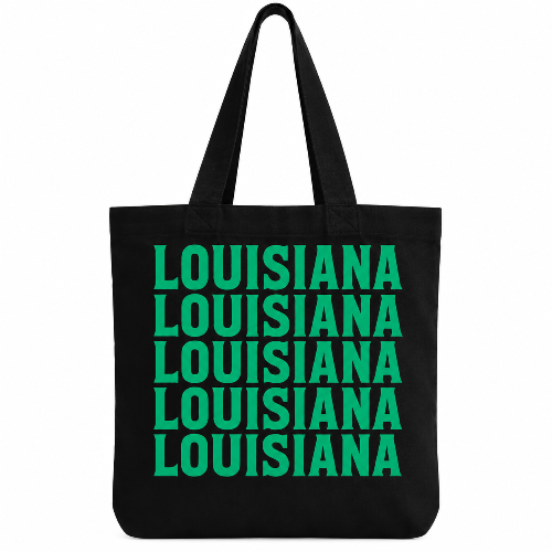 Black cotton tote bag with Louisiana repeated five times in bold green lettering.