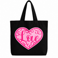 Black cotton tote bag featuring a large pink heart with decorative swirls and Love lettering.