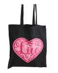 Black cotton tote bag with pink heart and love typography design, reusable shoulder tote for shopping, travel, work, school, everyday carry, Valentine's gifts, and stylish fashion accessories