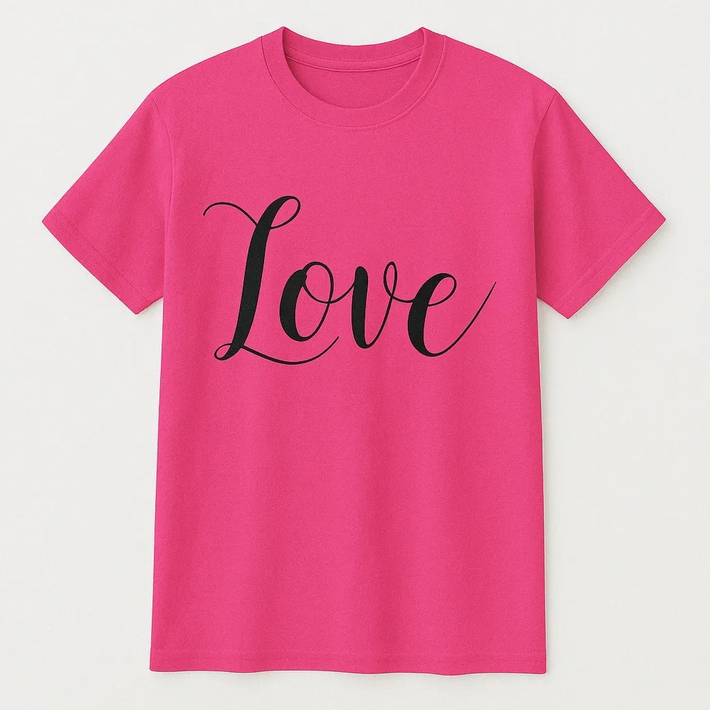 Pink graphic t shirt featuring the word Love in elegant script lettering, perfect for everyday wear, gifting, Valentine's Day, and positive fashion styling.