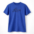 Blue unisex graphic T shirt featuring the word "Love" in elegant script typography. Soft cotton casual tee with a clean minimalist design for everyday comfort and timeless style.