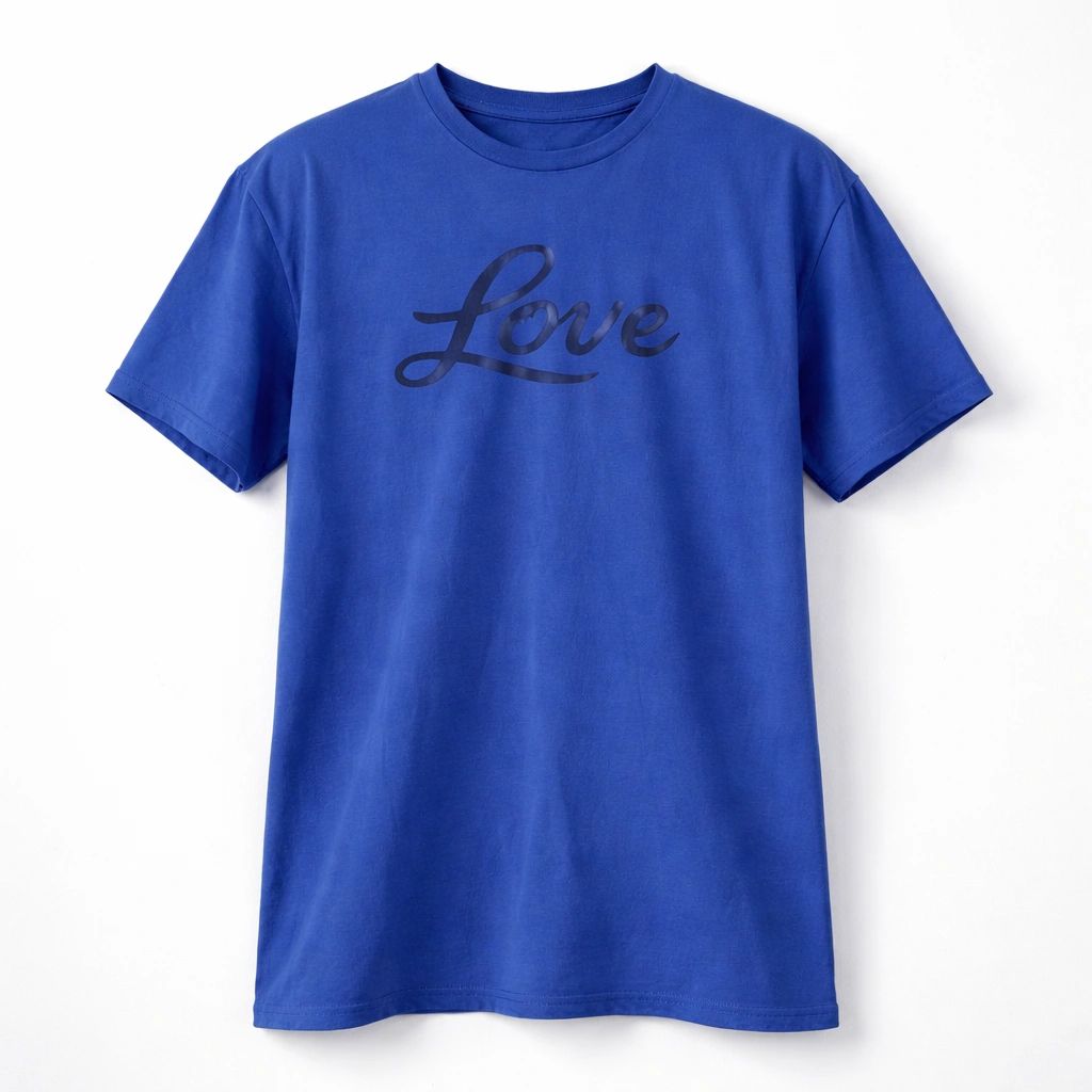 Blue unisex graphic T shirt featuring the word "Love" in elegant script typography. Soft cotton casual tee with a clean minimalist design for everyday comfort and timeless style.