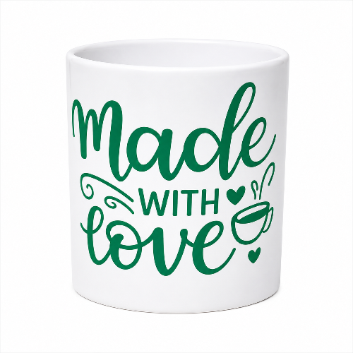 A white ceramic mug with the phrase 'Made with love' printed in green script and serif lettering, accompanied by small heart and coffee cup illustrations, shown on a plain white background.