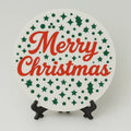 Green Merry Christmas holiday coaster with festive red lettering and star pattern design, round Christmas drink coaster for winter home decor and holiday table settings by LB AND SK DESIGN SHOP