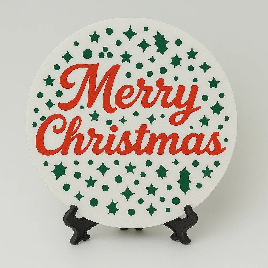 Green Merry Christmas holiday coaster with festive red lettering and star pattern design, round Christmas drink coaster for winter home decor and holiday table settings by LB AND SK DESIGN SHOP
