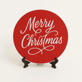 Red Merry Christmas holiday coaster with elegant white script lettering, festive round drink coaster for winter home decor and Christmas table settings by LB AND SK DESIGN SHOP